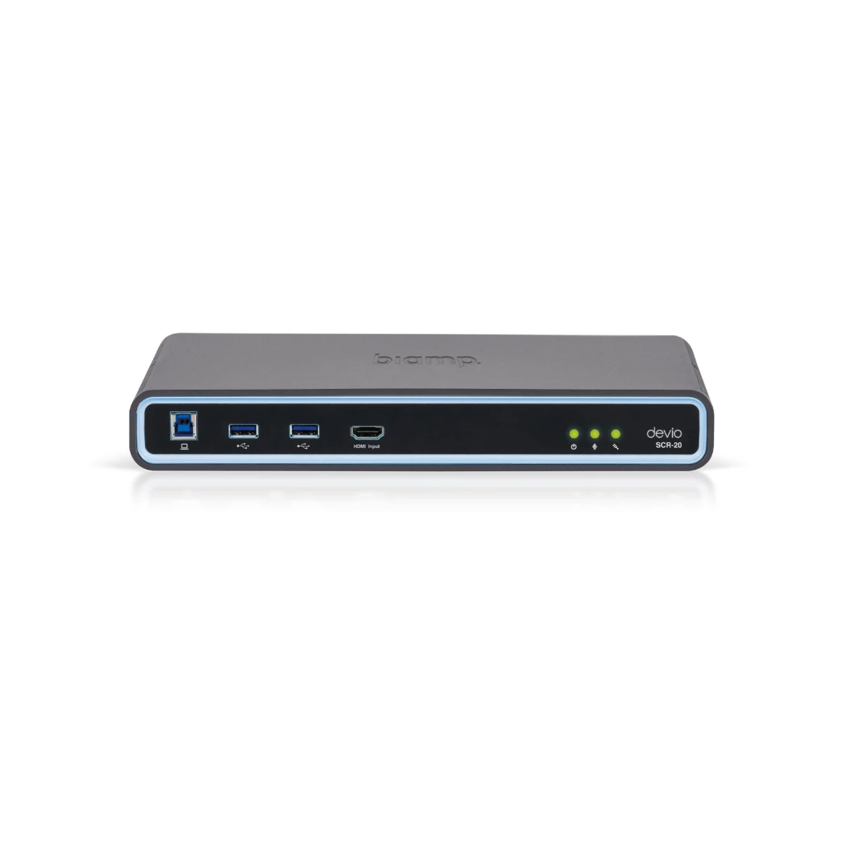Mặt trước bộ xử lý phòng họp Biamp Devio SCR-20: cổng USB-B, hai USB-A, HDMI vào và ba đèn trạng thái