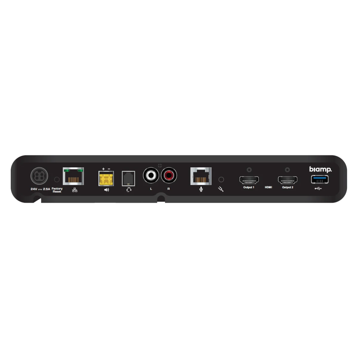 Mặt sau bộ xử lý phòng họp Biamp Devio SCR-25: nguồn, Ethernet, loa, RCA, micro, HDMI và USB-A
