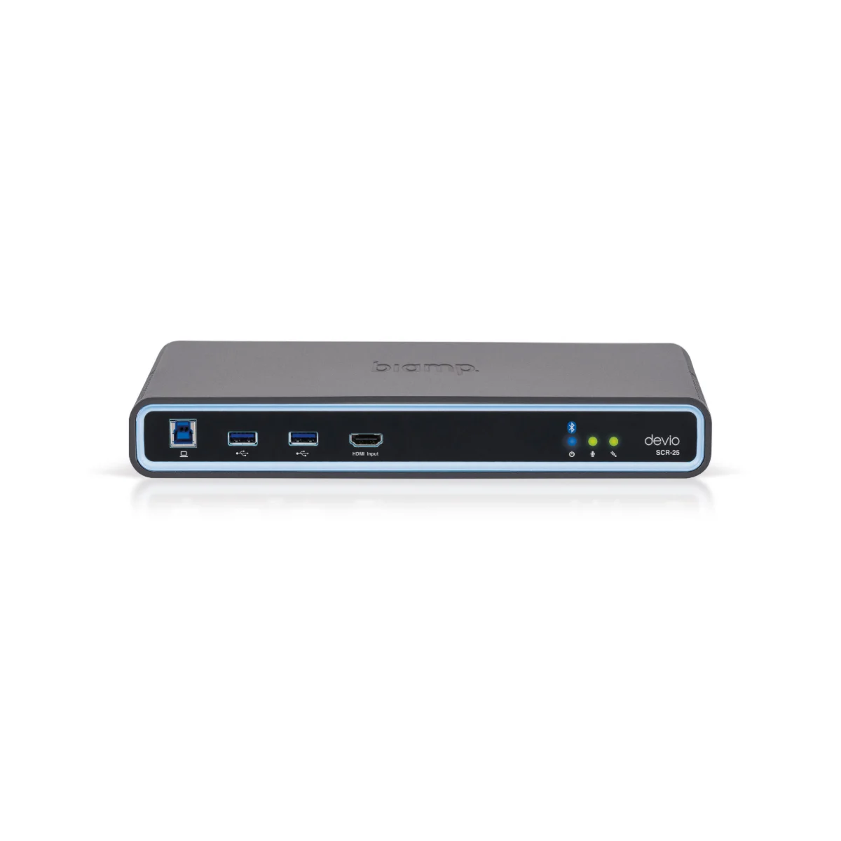 Mặt trước bộ xử lý phòng họp Biamp Devio SCR-25: cổng USB-B, hai USB-A, HDMI vào và đèn Bluetooth