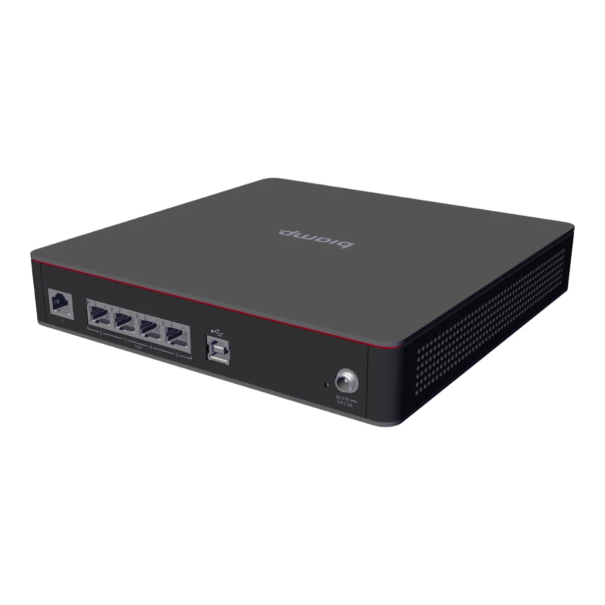 Biamp Devio SCX 400 nhìn nghiêng mặt sau: cổng Ethernet, USB-B và đầu nối nguồn