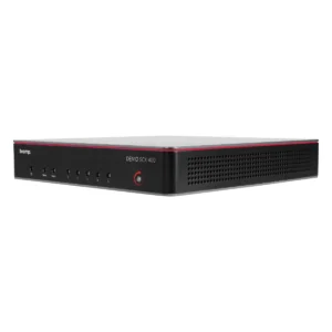 Biamp Devio SCX 400 nhìn nghiêng mặt trước: đèn trạng thái và núm xoay màu đỏ