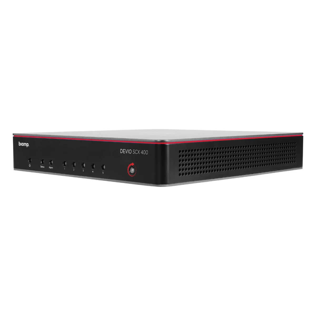 Biamp Devio SCX 400 nhìn nghiêng mặt trước: đèn trạng thái và núm xoay màu đỏ