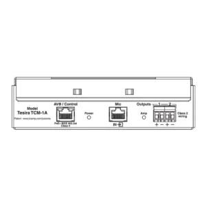 Bản vẽ mặt sau hộp giao tiếp Biamp Tesira TCM-1A: AVB/Control, ngõ vào Mic và ngõ ra loa/amp