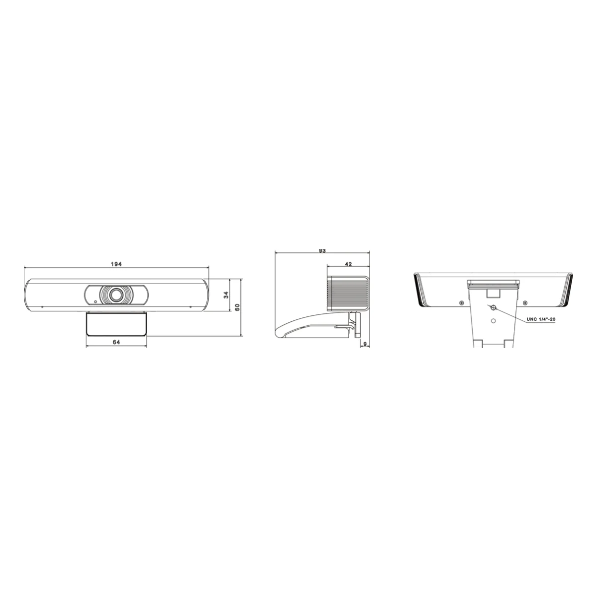 Bản vẽ kích thước ba hình chiếu của camera hội nghị Biamp Vidi 150