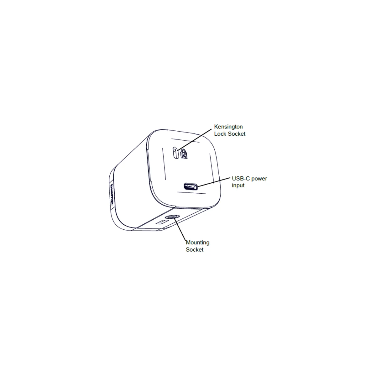 Mặt sau camera hội nghị Biamp Vidi 250: khe khóa Kensington, cổng USB-C cấp nguồn và ren gắn