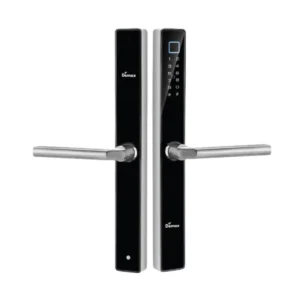 Khóa DEMAX EL-C102 màu Inox Xước Mờ — cặp hai tấm khóa chụp chính diện (catalogue DEMAX 01/2026)
