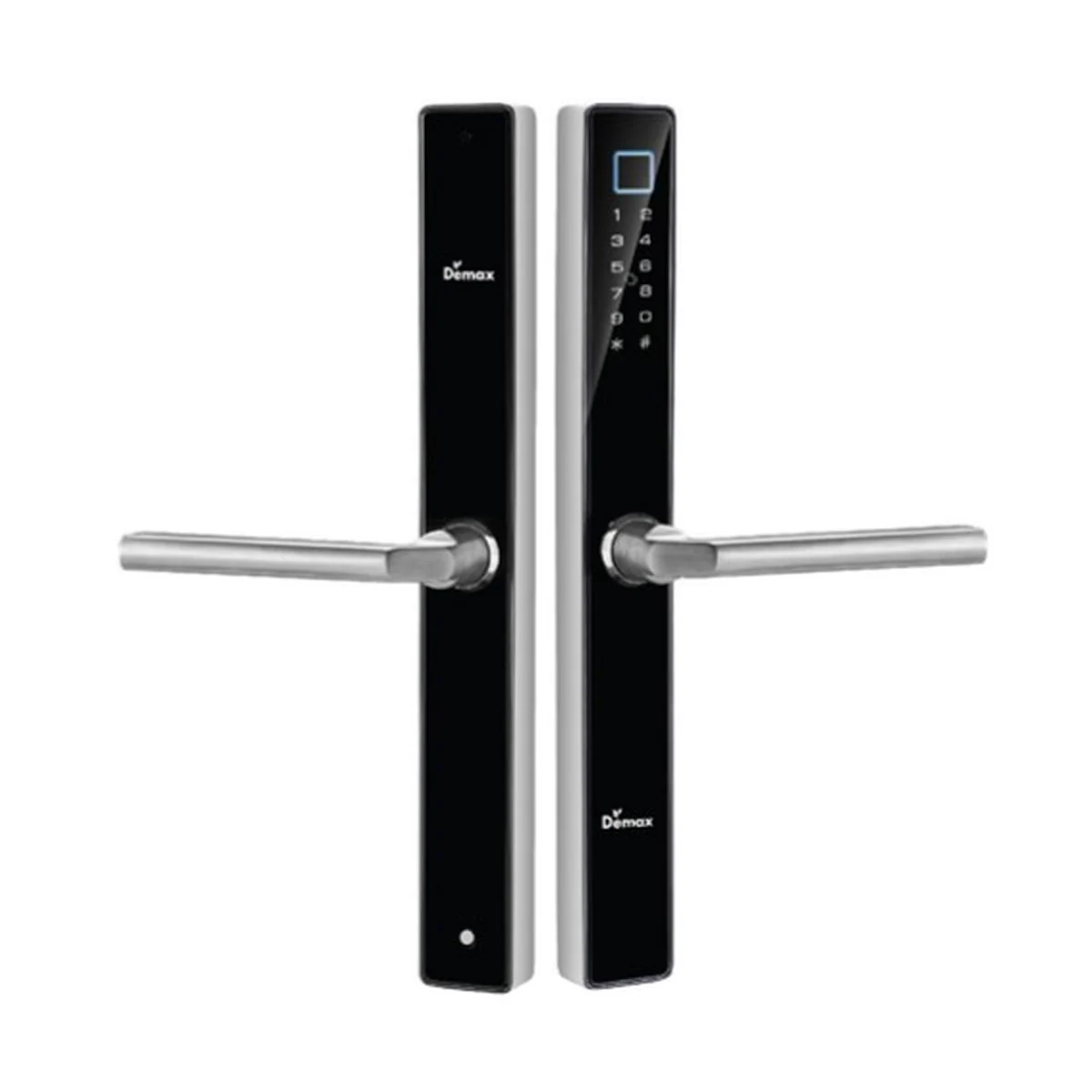 Khóa DEMAX EL-C102 màu Inox Xước Mờ — cặp hai tấm khóa chụp chính diện (catalogue DEMAX 01/2026)