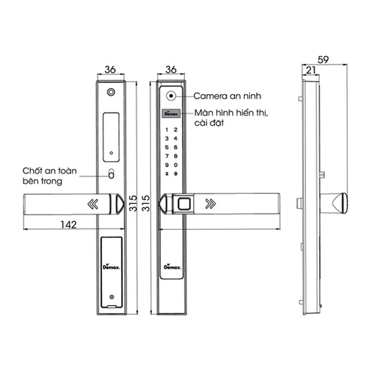 Bản vẽ kích thước khóa DEMAX EL689 (mm) theo catalogue DEMAX 01/2026