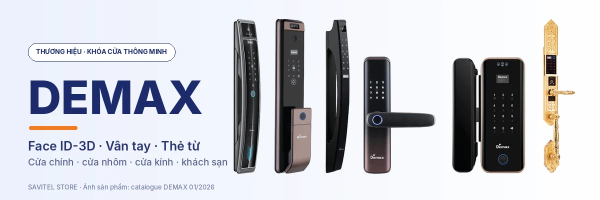 Khóa cửa thông minh DEMAX: Face ID-3D, vân tay, thẻ từ — ảnh sản phẩm từ catalogue DEMAX 01/2026