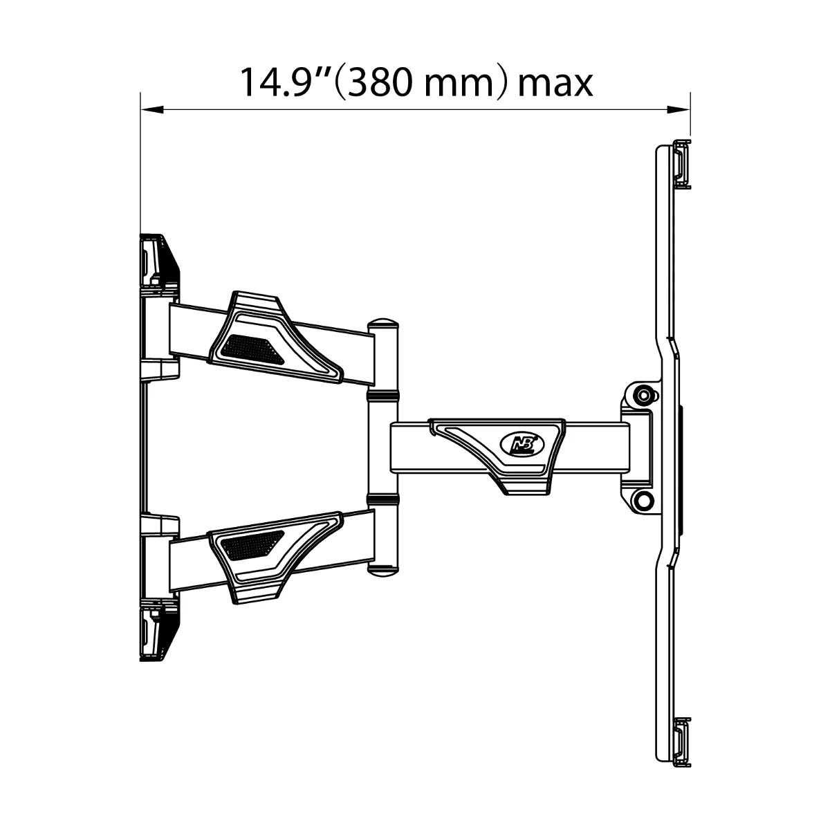 Giá treo TV North Bayou P6 — bản vẽ nhìn ngang khi mở rộng tay đòn, tầm với tối đa 380 mm (datasheet North Bayou)