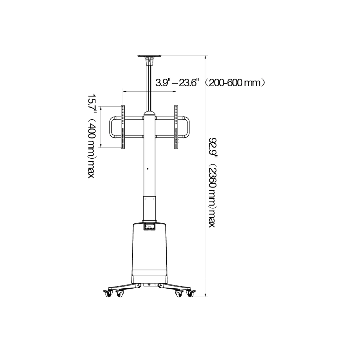Xe đẩy màn hình North Bayou TW85 — bản vẽ kích thước mặt trước, chiều cao tối đa 2360 mm (datasheet North Bayou)