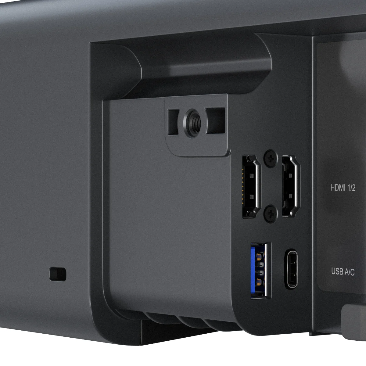 Thanh hội nghị Sennheiser TeamConnect Bar M — cận cảnh cổng HDMI và USB (ảnh từ sennheiser.com)