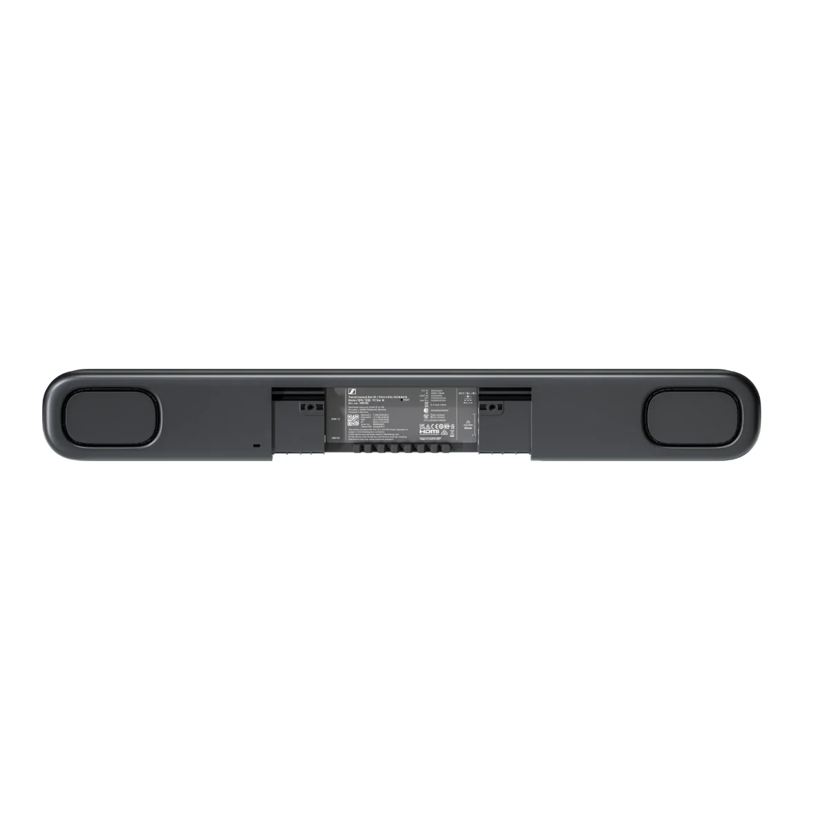 Mặt dưới Sennheiser TeamConnect Bar M: khe nối cáp và hai loa hai đầu