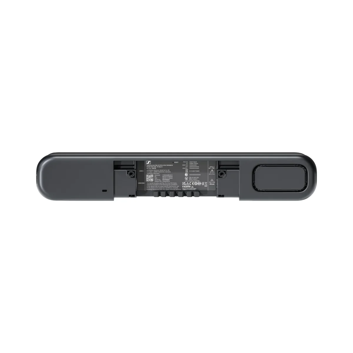 Sennheiser TeamConnect Bar S nhìn từ mặt đáy — thân thiết bị có nhãn thông số và khe gắn giá đỡ