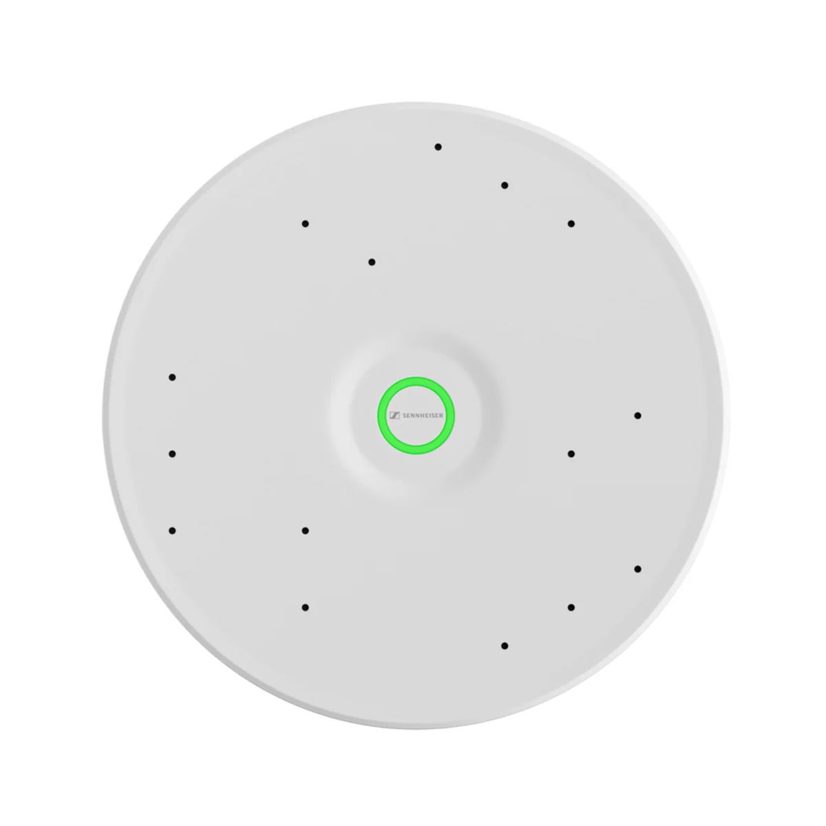 Sennheiser TeamConnect Ceiling Medium — micro mảng gắn trần, nhìn từ dưới lên với vòng đèn LED ở giữa